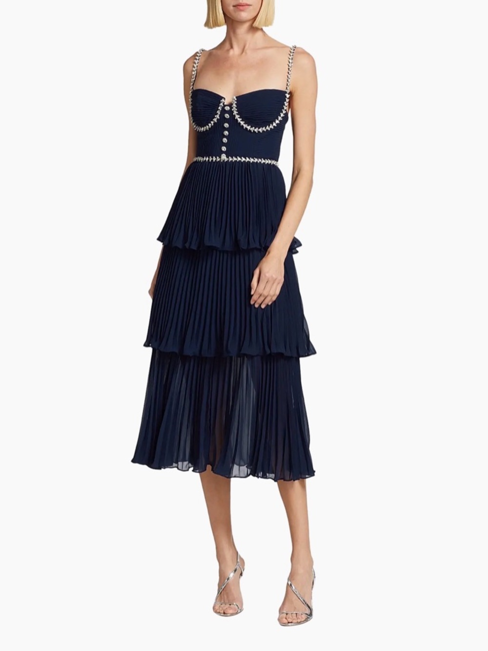 NWT Self-Portrait Navy Pleated Tiered Dress with Crystal Trim